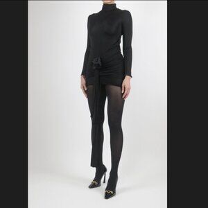 Embellished Ruched Rose-Appliqué Satin-Jersey Mini Dress In Noir